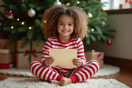 Petite fille en pyjama lisant une lettre manuscrite du Père Noël près d'un sapin de Noël décoré