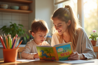 Enfant et parent lisant un livre éducatif à la maison