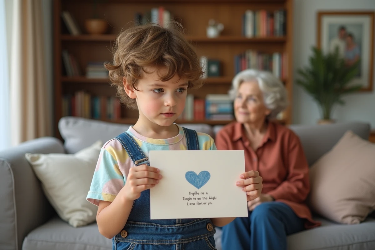 Enfant montre sa carte faite main à sa grand-mere