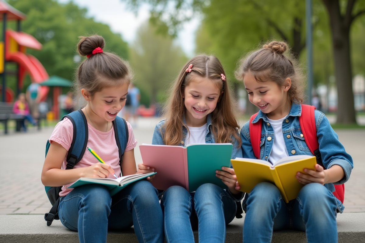 Enfants français regardant leurs agendas scolaires en plein air