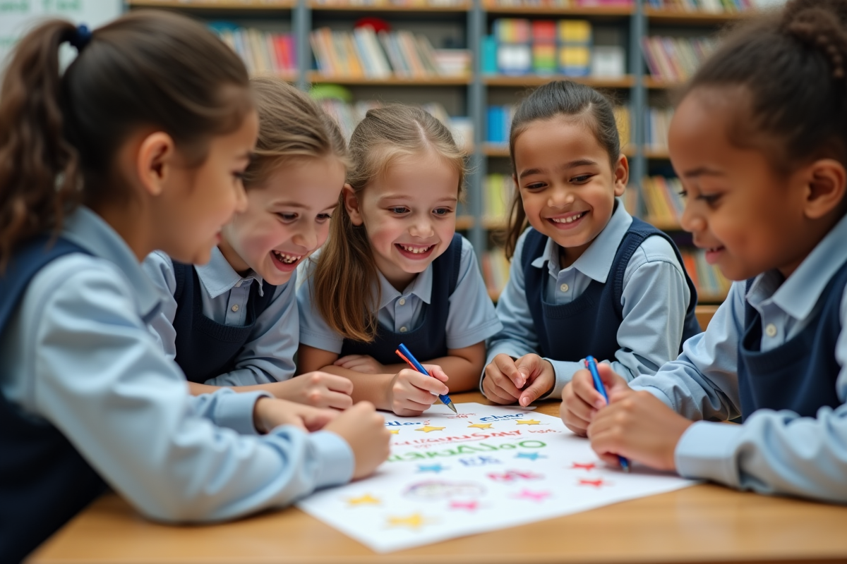 Enfants souriants collaborant sur une affiche en classe