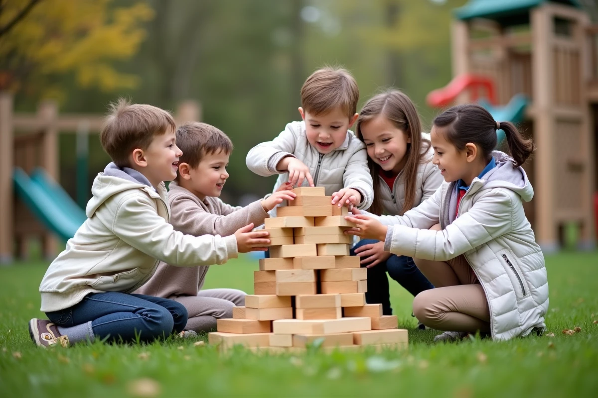 Enfants construisant une tour en blocs dans un parc
