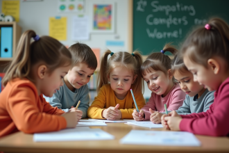 Enfants souriants travaillant ensemble en classe lumineuse