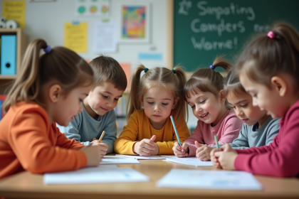 Enfants souriants travaillant ensemble en classe lumineuse