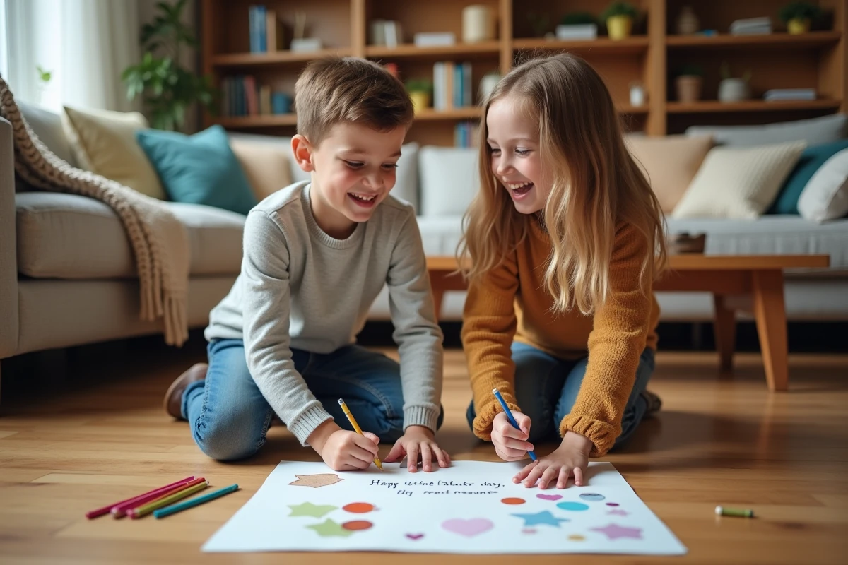 Deux enfants décorent ensemble une carte avec une poésie pour la fête des pères dans le salon