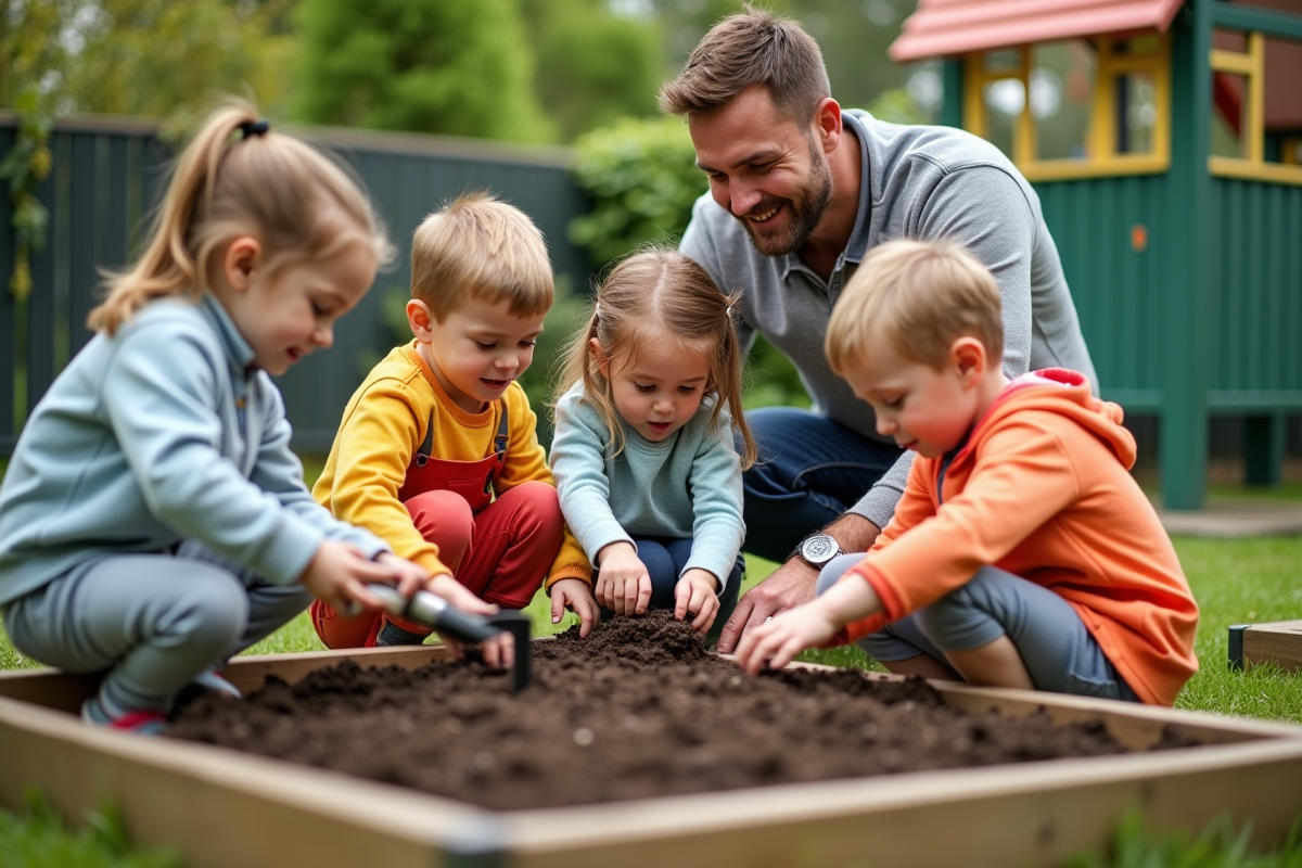 Enfants plantant des graines dans le jardin