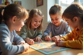 Groupe d'enfants jouant à un jeu de société en classe