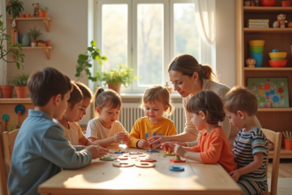 Groupe d'enfants et leur enseignant dans une salle Montessori lumineuse
