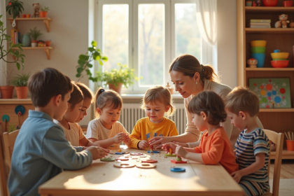 Groupe d'enfants et leur enseignant dans une salle Montessori lumineuse