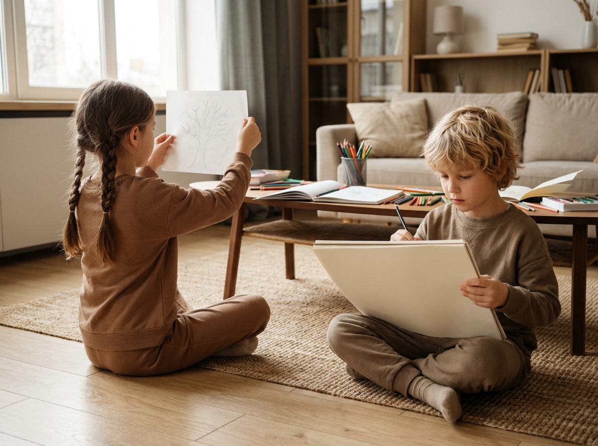 Deux enfants dans un salon, l'une tenant une feuille de papier calque transparente et l'autre dessinant sur une feuille blanche épaisse