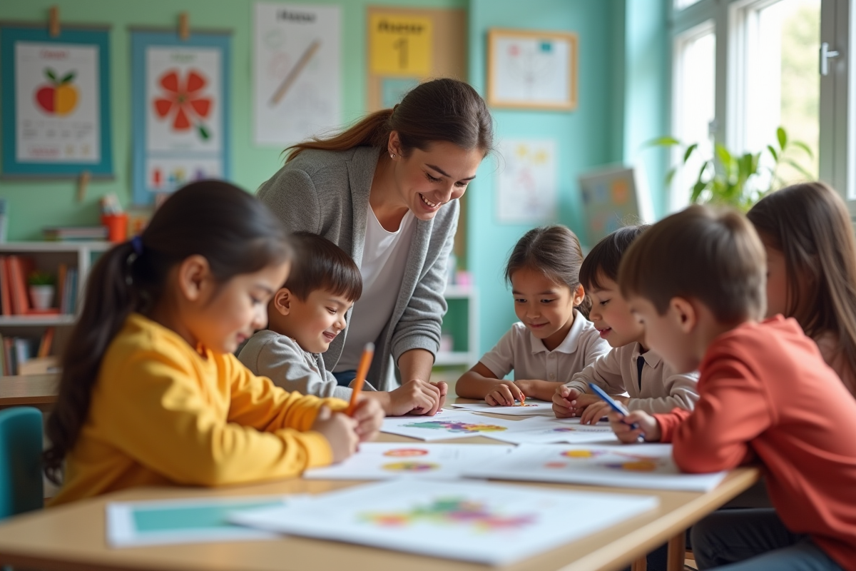 Enfants divers travaillant en groupe dans une classe moderne