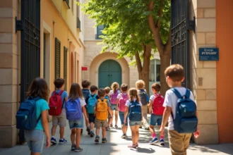 Enfants avec cartables devant l'entrée d'une école primaire à Montpellier en zone scolaire