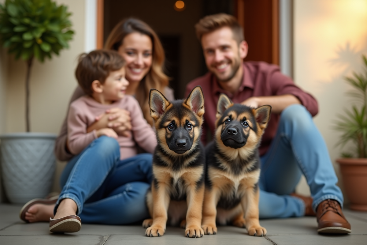 Famille accueillant un chiot berger allemand à la porte