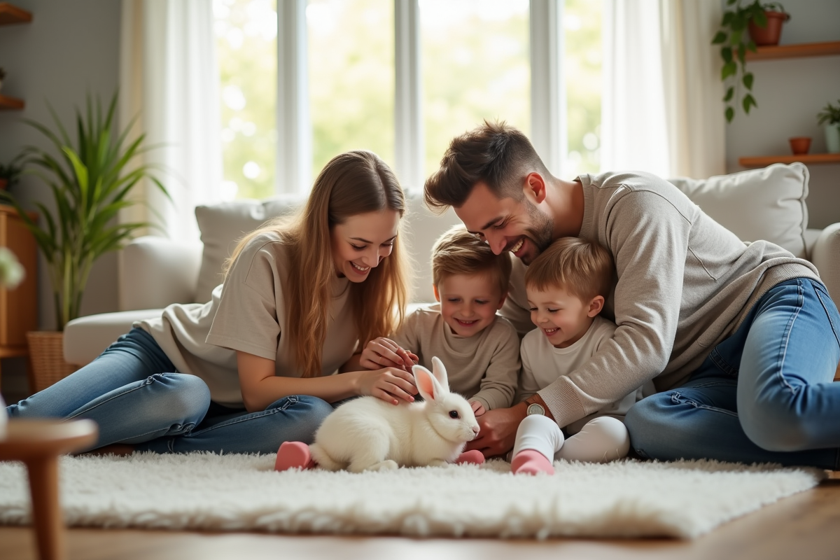 Famille heureuse avec lapin et chien dans le salon lumineux