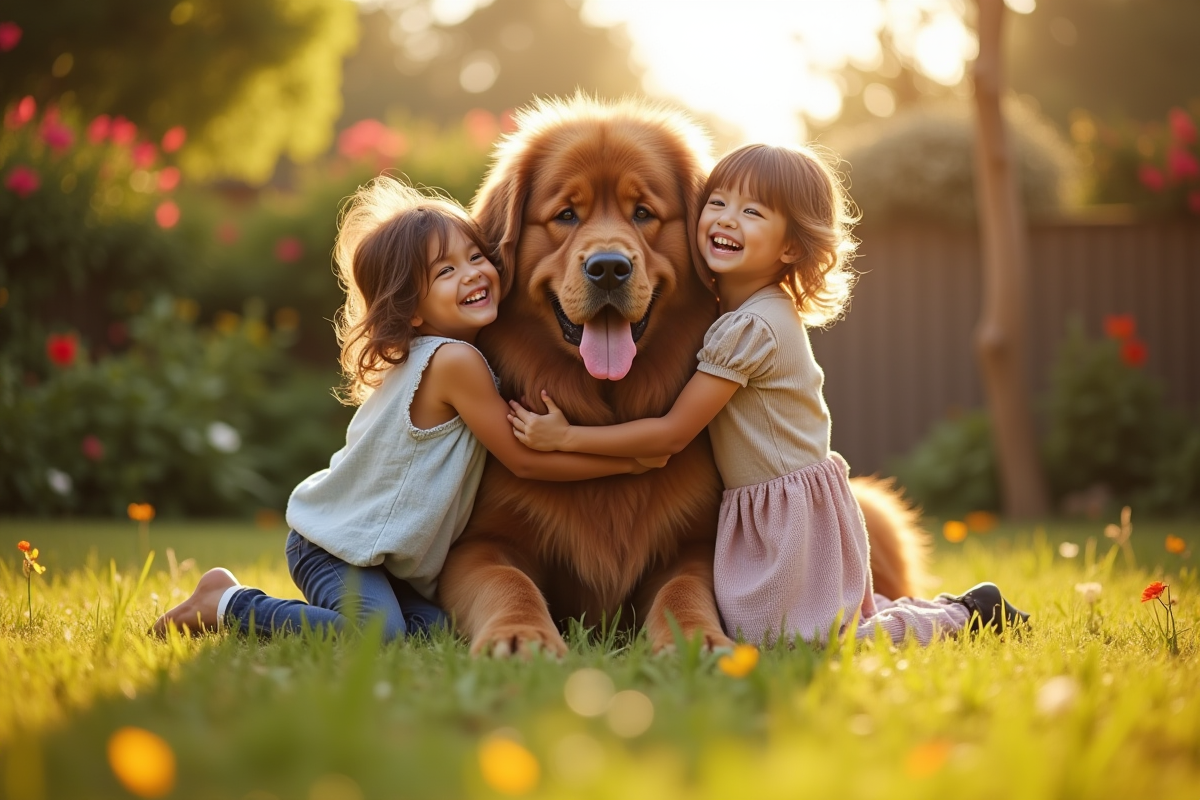 Famille heureuse jouant avec un chien Newfoundland dans le jardin
