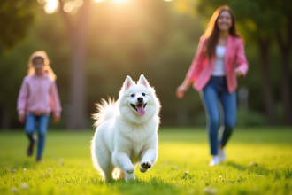 Famille jouant avec leur chien spitz dans un parc ensoleille