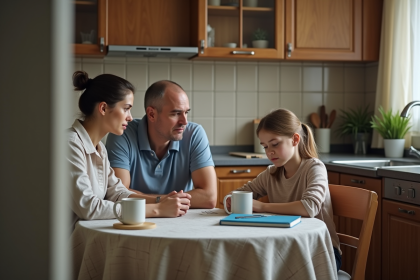 Famille autour d une table de cuisine tendue