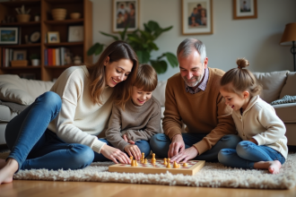 Famille jouant à un jeu de société dans le salon