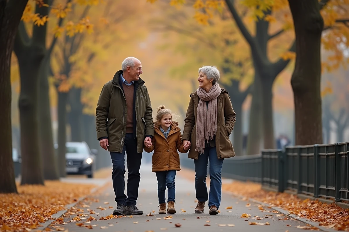 Famille marchant dans un parc parisien en automne