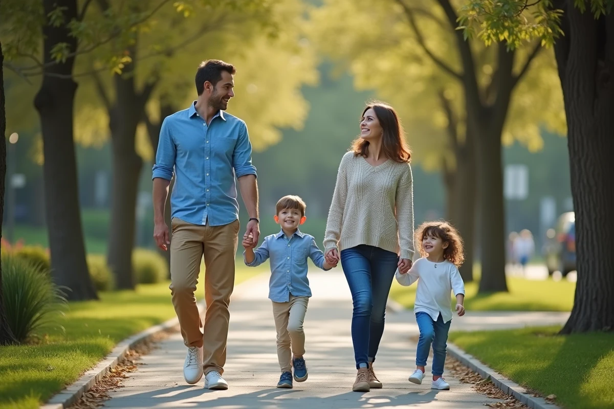 Famille marchant dans un parc urbain en plein air