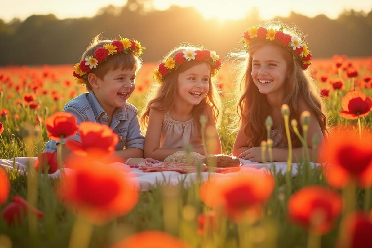 Famille joyeuse pique-niquant dans un champ de coquelicots ensoleille