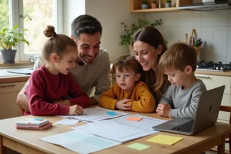 Famille planifiant les vacances scolaires zone B 2026 autour d'un calendrier scolaire sur une table de cuisine