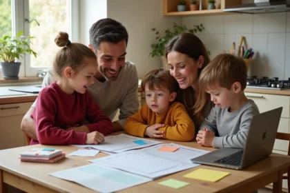 Famille planifiant les vacances scolaires zone B 2026 autour d'un calendrier scolaire sur une table de cuisine