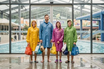 Famille en ponchos imperméables devant l'entrée du parc aquatique sous la pluie au Touquet