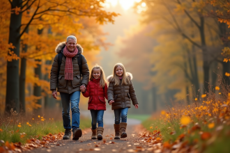Famille heureuse en randonnée automnale dans la campagne française