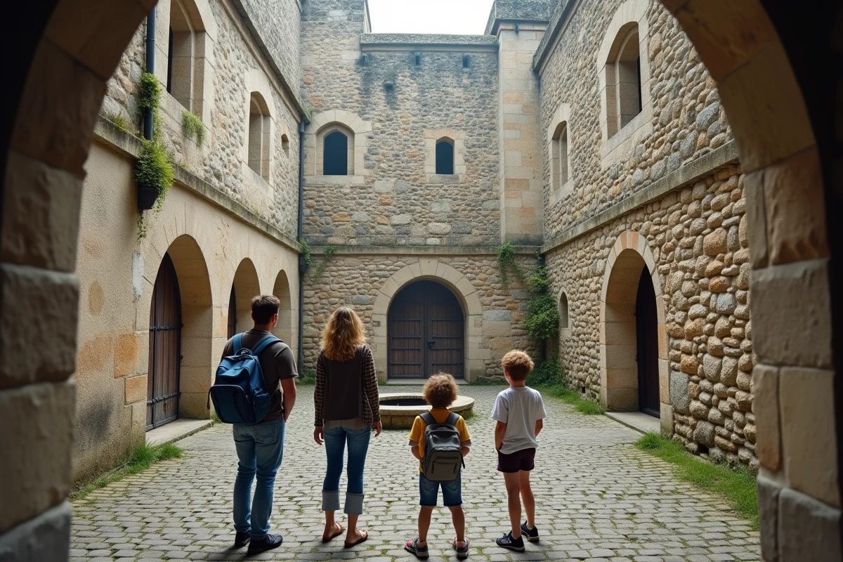 Famille visitant la cour intérieure d'un château fort médiéval en Île-de-France le week-end