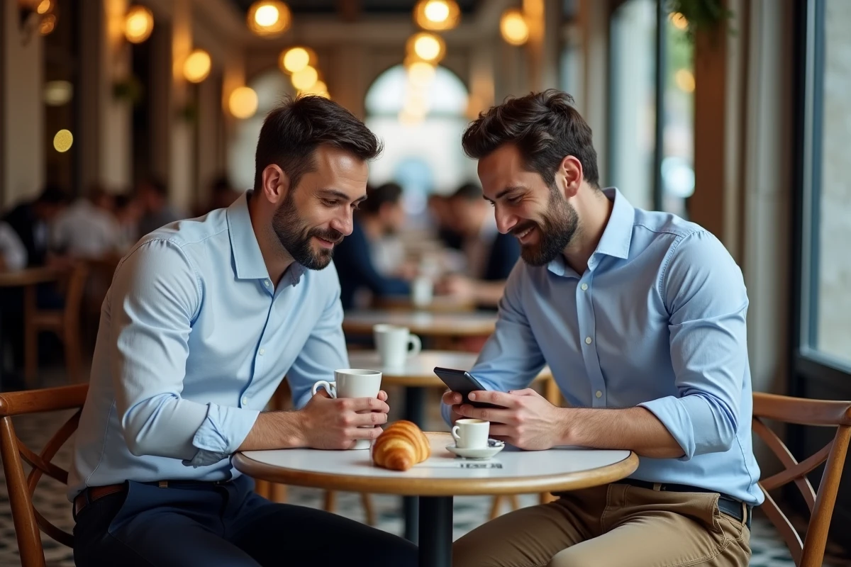 Deux hommes dans un café parisien échangeant des informations sur le téléphone à propos de la compagne de Booder