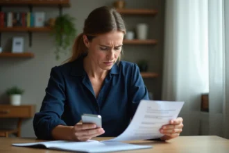 Femme stressée tenant un certificat médical et son téléphone, incapable de se présenter à une audience JAF