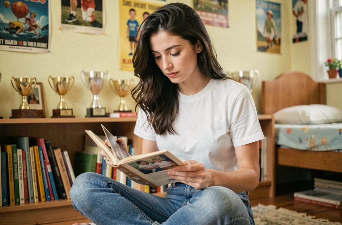 Jeune femme aux cheveux sombres feuilletant un album photo d'enfance dans une chambre vintage aux murs jaune pâle