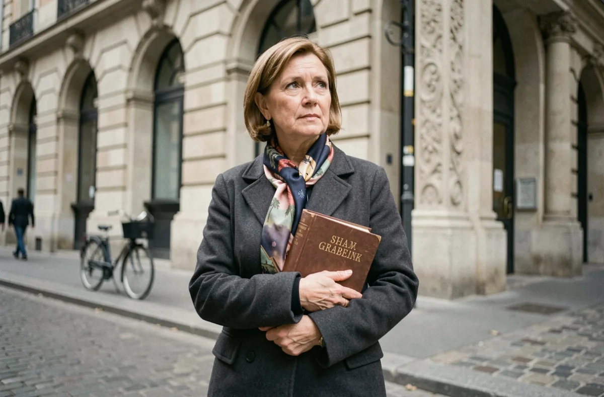 Femme tenant une biographie devant un immeuble parisien en pierre, expression réfléchie
