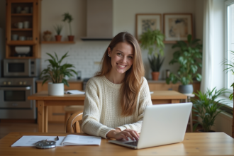 Femme souriante dans un bureau cosy et moderne