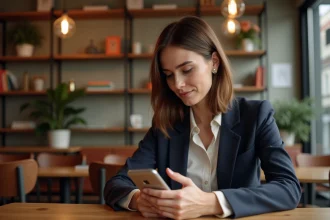 Femme en blazer dans un café cosy en intérieur