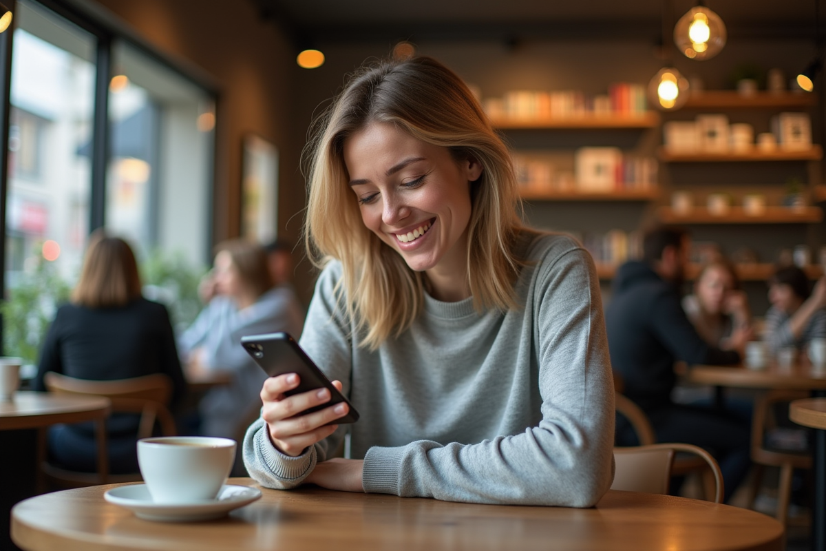 Femme décontractée souriant au café avec smartphone