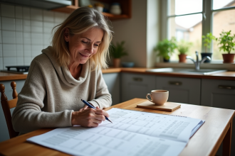 Femme française marquant des dates sur un calendrier à la maison