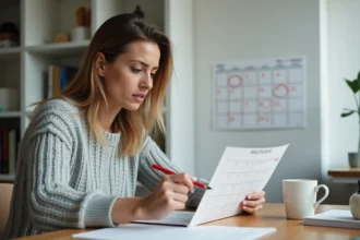 Femme consultant un calendrier mural avec semaines paires et impaires annotées au stylo rouge dans un bureau à domicile