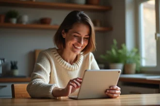 Femme choisissant une carte animée d'anniversaire gratuite sur une tablette dans une cuisine chaleureuse