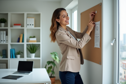 Femme souriante pinçant un certificat dans un bureau moderne