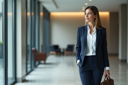 Femme confiante en tailleur navy dans un bureau moderne