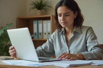 Femme consultant un site administratif en ligne pour obtenir un acte de naissance depuis son bureau à domicile