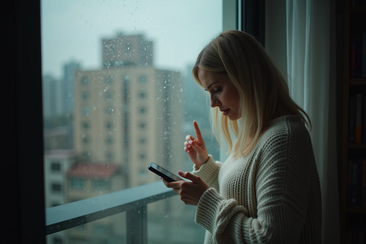 Femme seule près d'une fenêtre pluvieuse tenant son téléphone, symbolisant la solitude et le dilemme émotionnel d'une liaison secrète