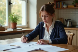 Femme adulte consultant des documents juridiques liés à une adoption simple à la maison