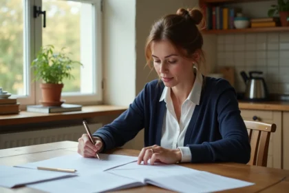Femme adulte consultant des documents juridiques liés à une adoption simple à la maison
