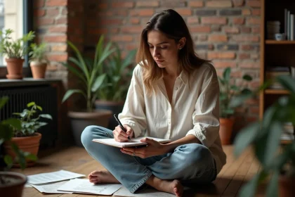 Femme écrivant dans un appartement parisien cosy