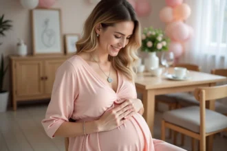 Femme enceinte souriante avec bola de grossesse lors d'une baby shower