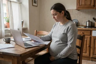 Femme enceinte en fin de droits au chômage consultant des documents administratifs à la maison