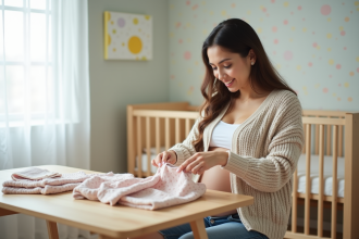 Femme enceinte pliant des vêtements pour bébé dans une nurserie lumineuse